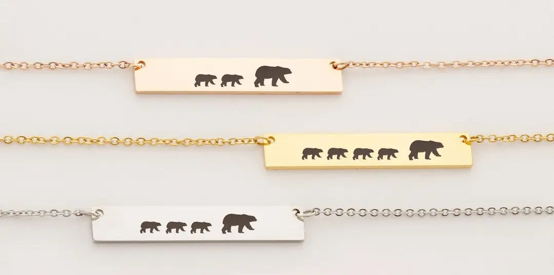 Personalized Mama Bear and Cubs Custom Engraved Bar Necklace