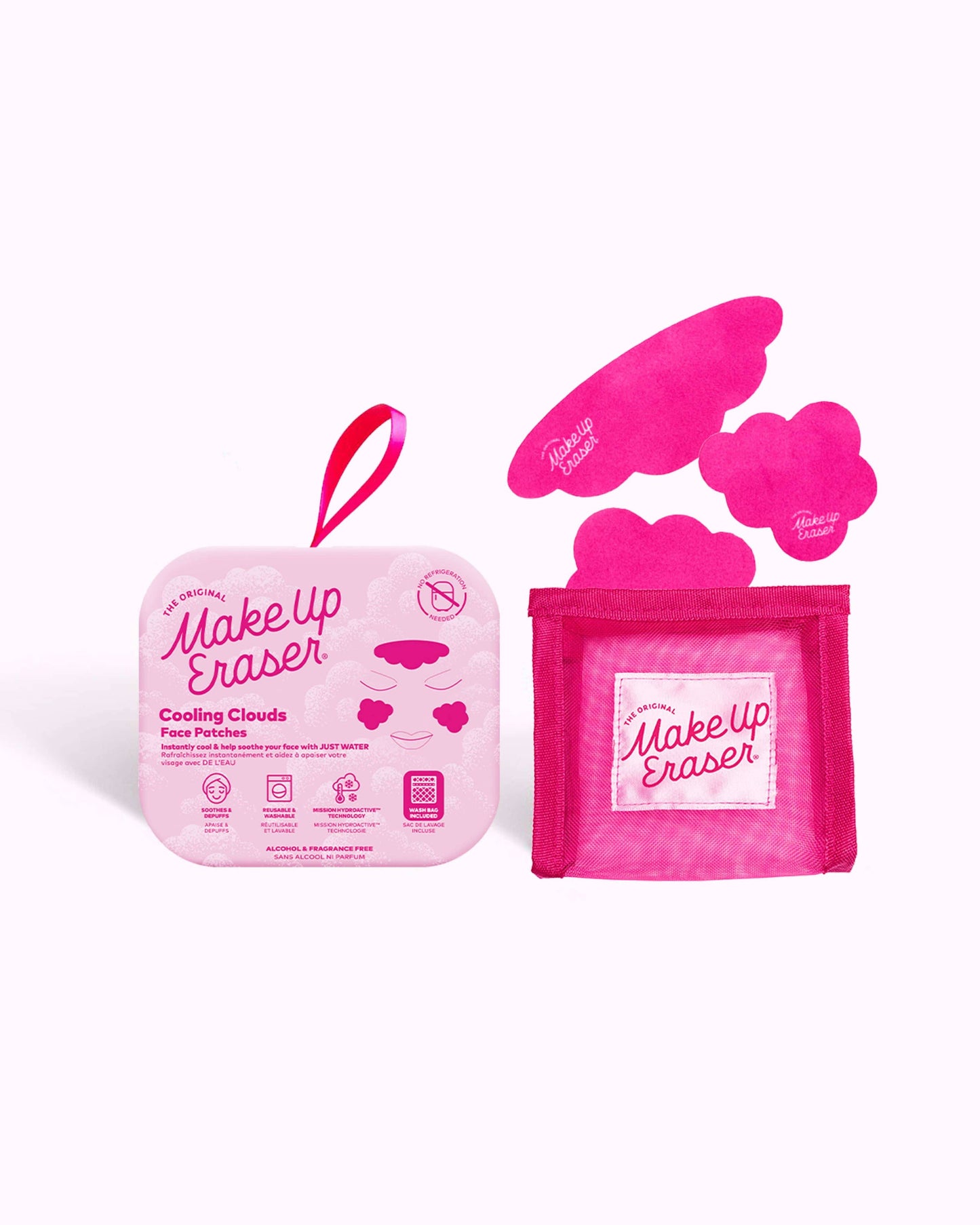 Makeup Eraser packaging with pink cooling cloths on a white background