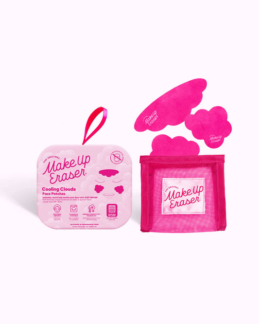 Makeup Eraser packaging with pink cooling cloths on a white background