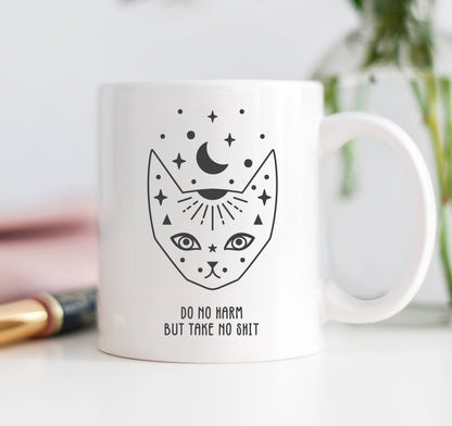 Do No Harm But Take No Shit Mug, Celestial Cat Coffee Mug