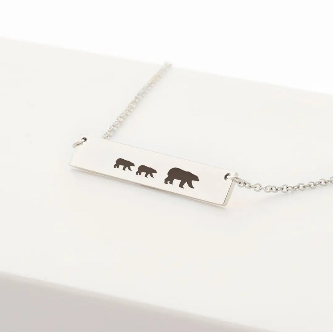 Personalized Mama Bear and Cubs Custom Engraved Bar Necklace