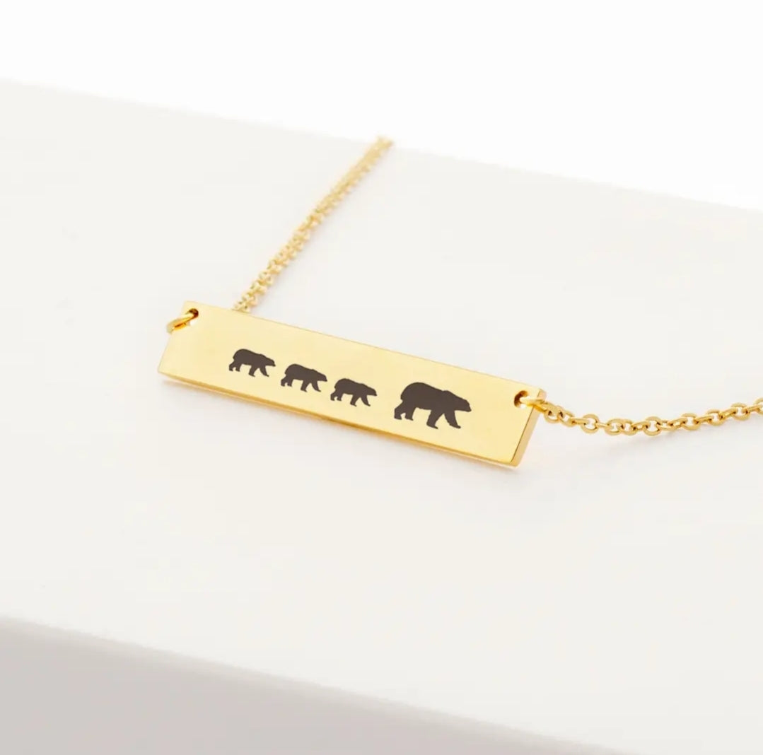 Personalized Mama Bear and Cubs Custom Engraved Bar Necklace