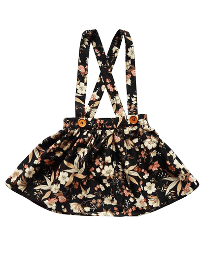 Daphne Pleated Suspender Skirt - Black Floral